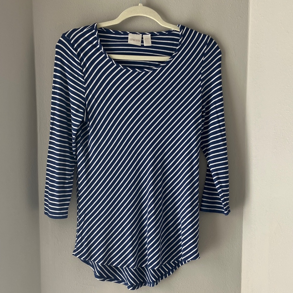 Chico's Blue & White Diagonal Stripe Cut-Out Top | Size 00 (XS/0-2)